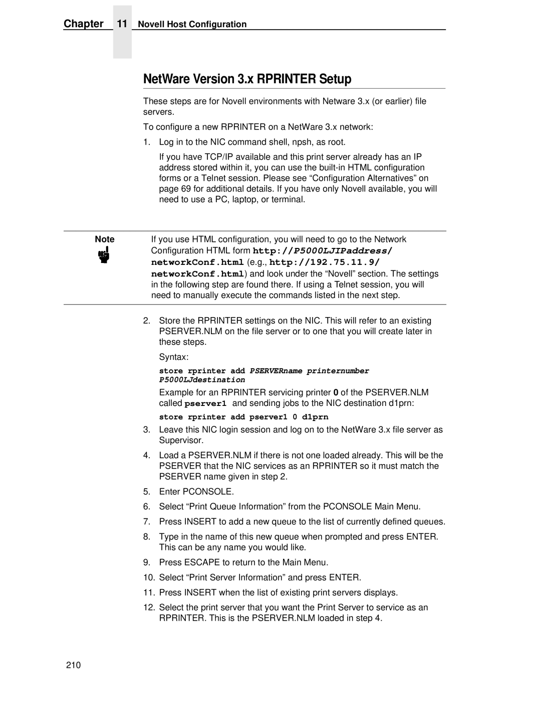 Printronix P5000LJ user manual NetWare Version 3.x Rprinter Setup, NetworkConf.html e.g., http//192.75.11.9 