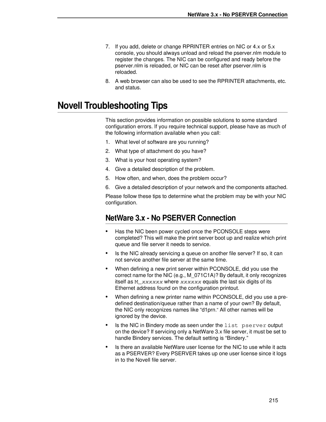 Printronix P5000LJ user manual Novell Troubleshooting Tips, NetWare 3.x No Pserver Connection 