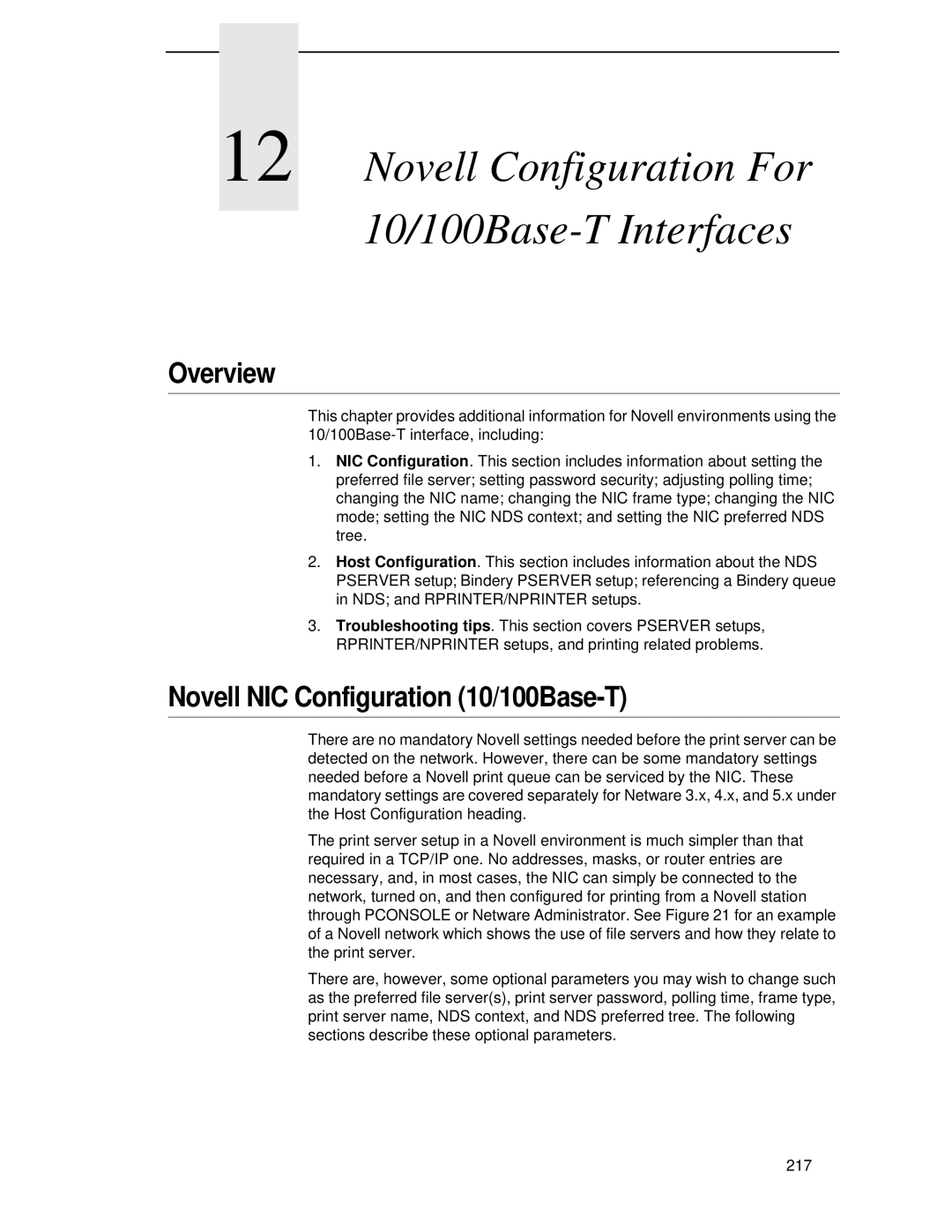 Printronix P5000LJ user manual Novell Configuration For 10/100Base-T Interfaces, Novell NIC Configuration 10/100Base-T 