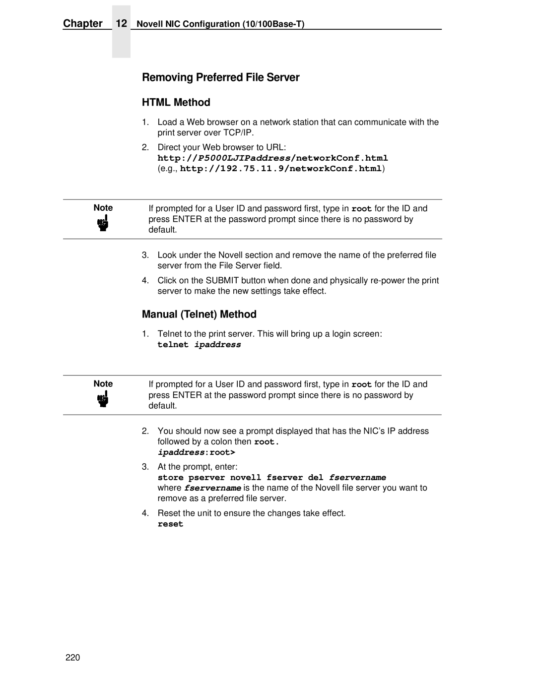 Printronix P5000LJ user manual Removing Preferred File Server, Store pserver novell fserver del fservername 