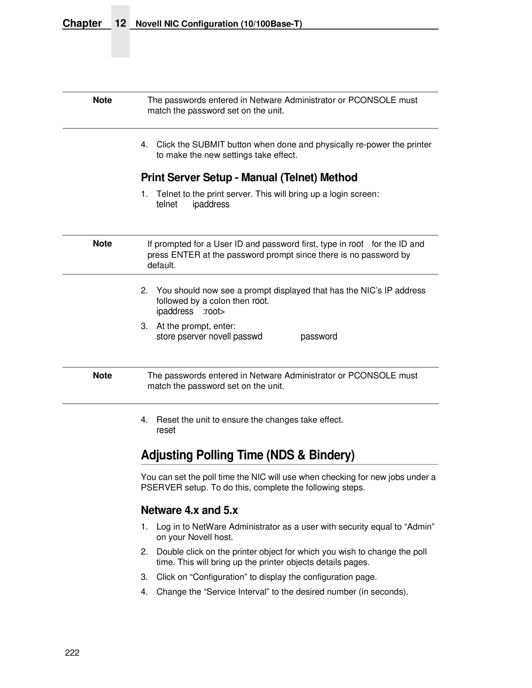 Printronix P5000LJ user manual Adjusting Polling Time NDS & Bindery, Print Server Setup Manual Telnet Method 