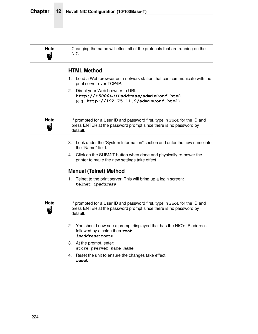 Printronix P5000LJ user manual Html Method, Manual Telnet Method, Store pserver name name 