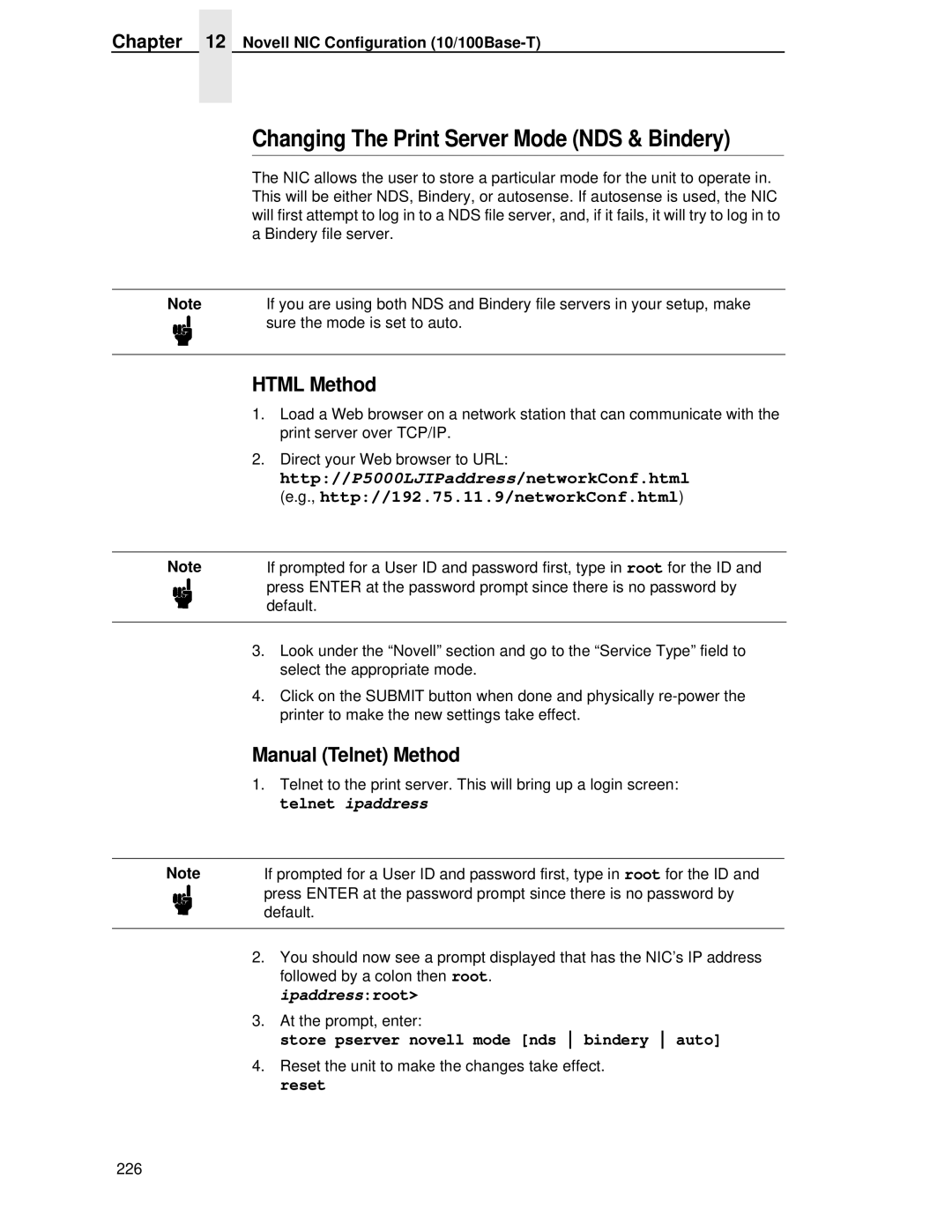 Printronix P5000LJ user manual Changing The Print Server Mode NDS & Bindery, Store pserver novell mode nds bindery auto 