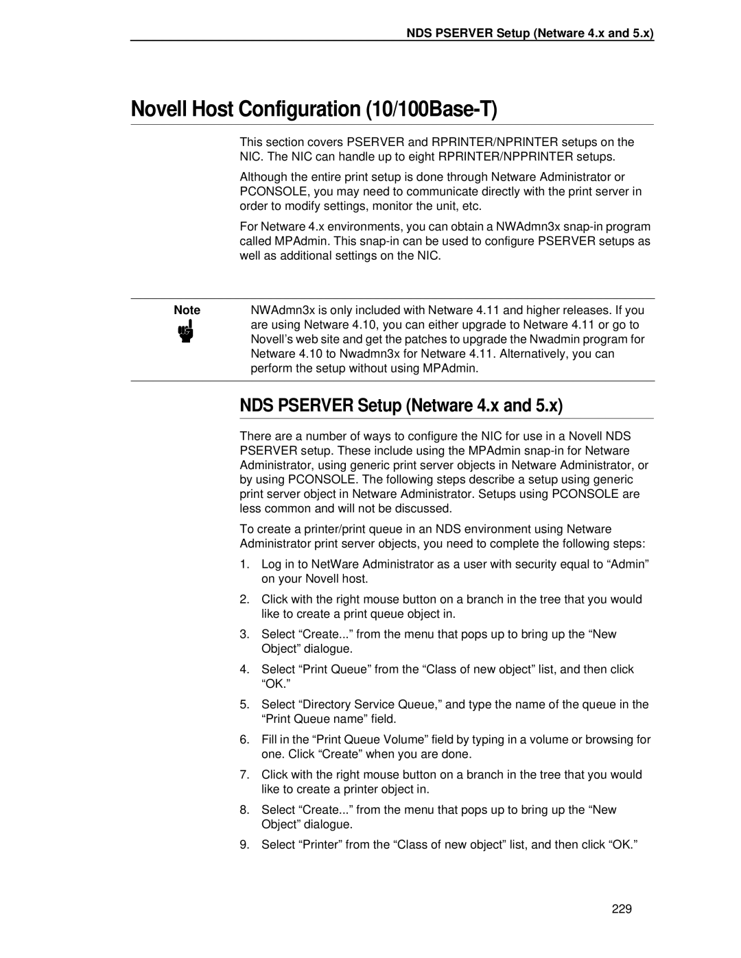 Printronix P5000LJ user manual Novell Host Configuration 10/100Base-T, NDS Pserver Setup Netware 4.x 