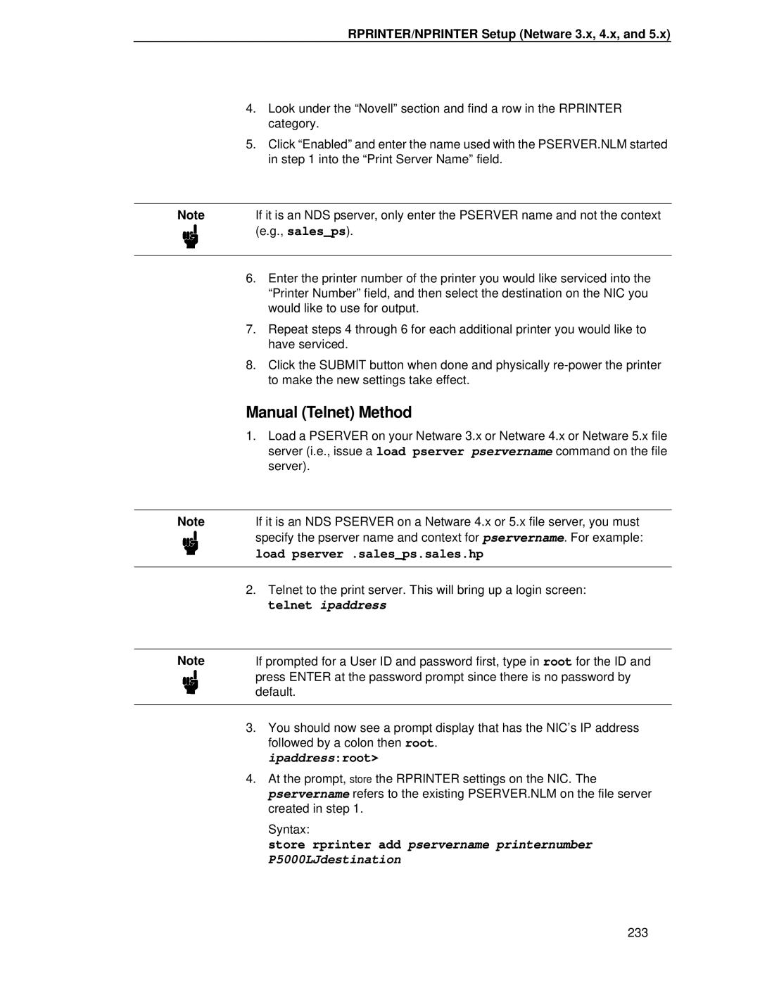 Printronix P5000LJ user manual Manual Telnet Method, RPRINTER/NPRINTER Setup Netware 3.x, 4.x 