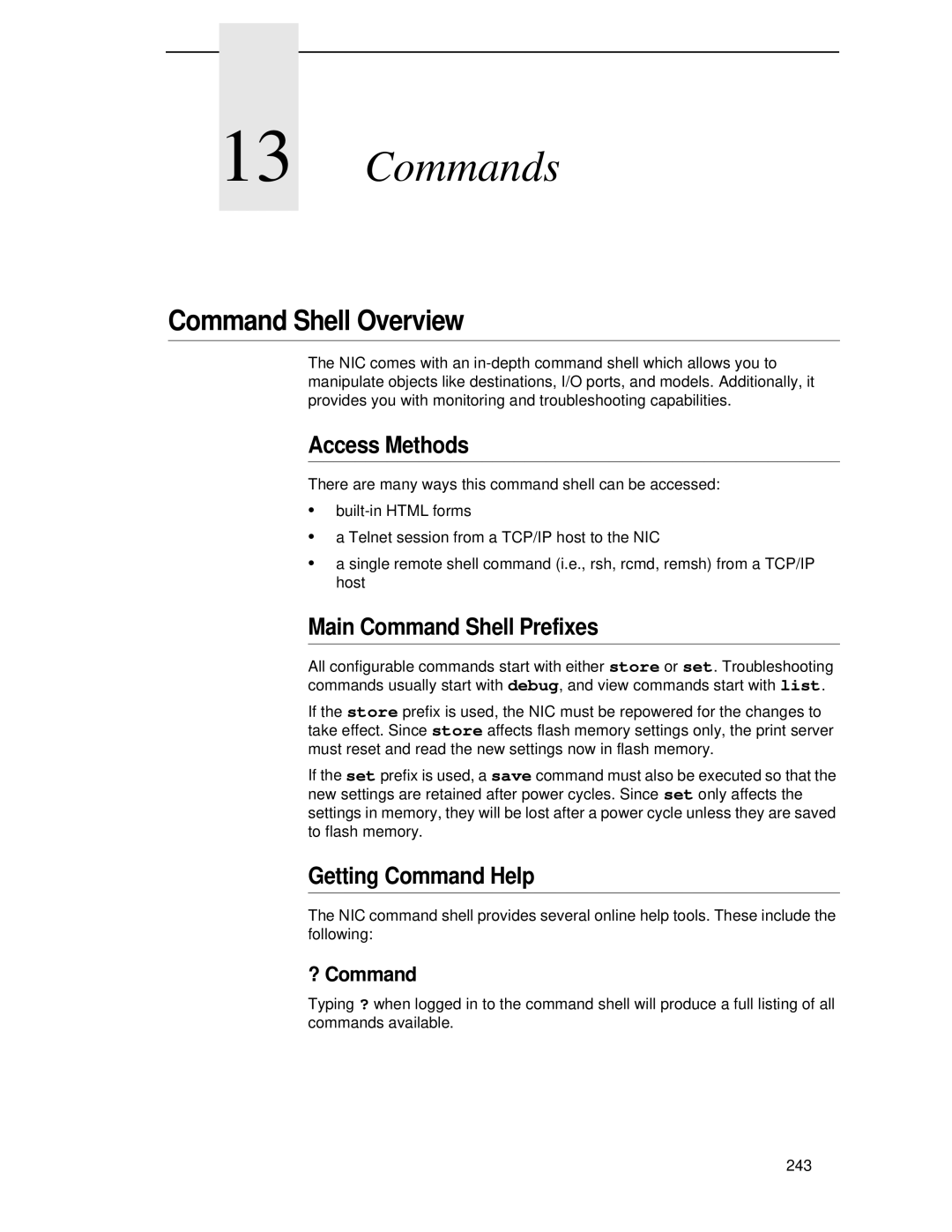 Printronix P5000LJ Commands, Command Shell Overview, Access Methods, Main Command Shell Prefixes, Getting Command Help 