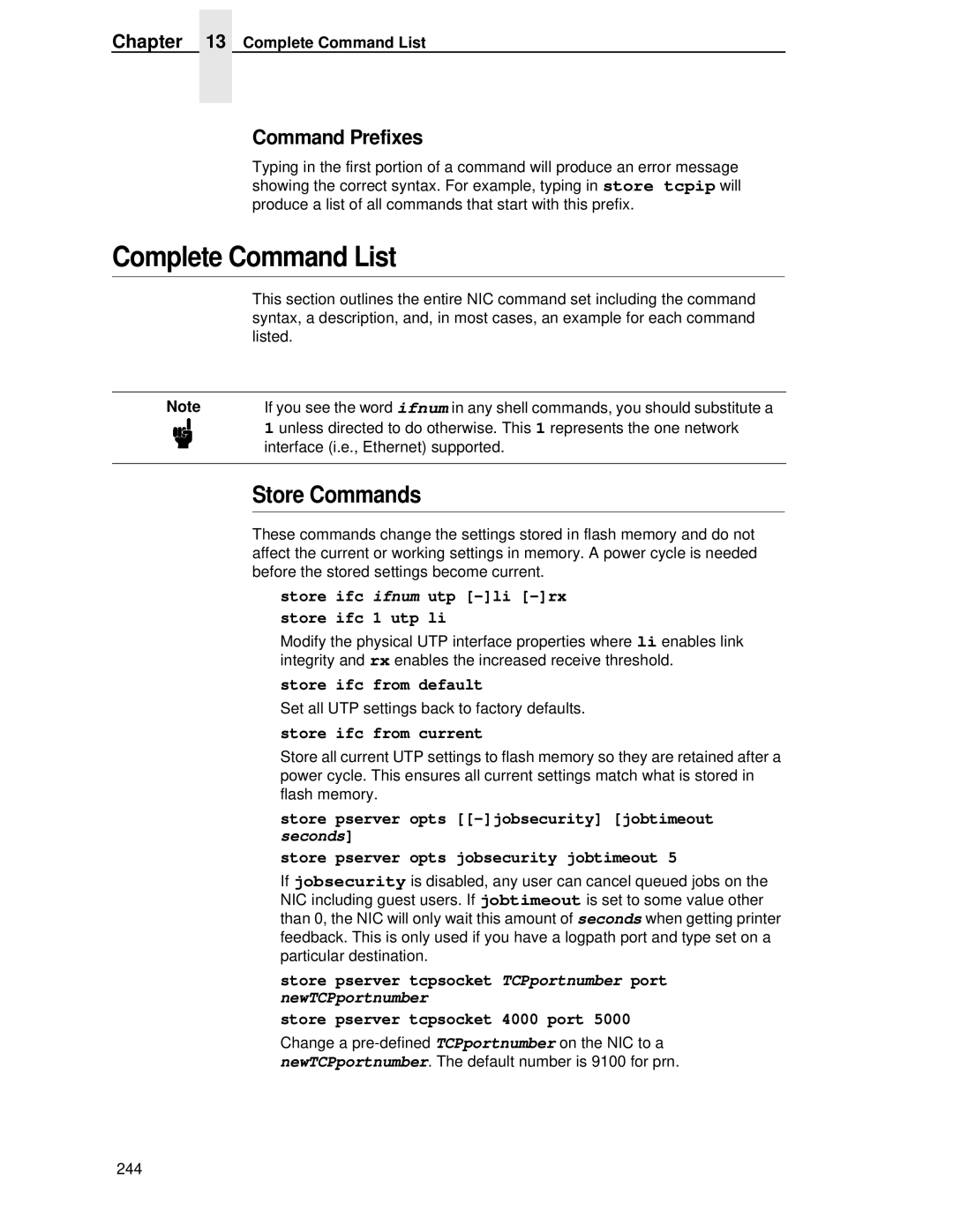 Printronix P5000LJ Complete Command List, Store Commands, Command Prefixes, Store ifc ifnum utp -li -rx store ifc 1 utp li 