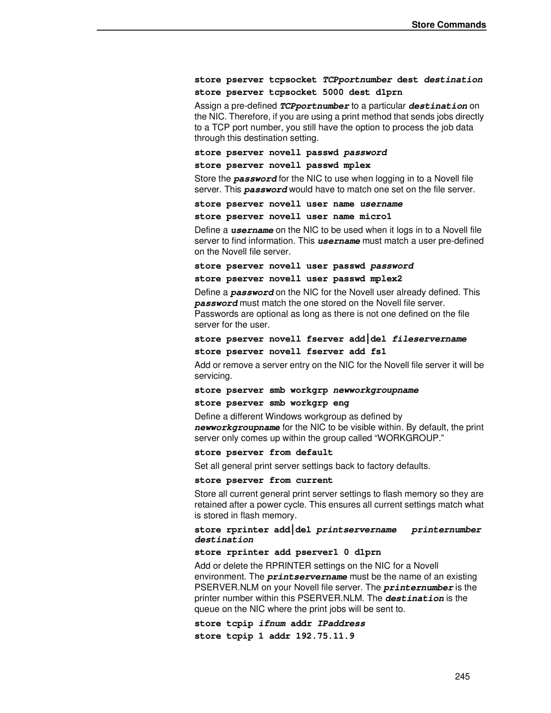 Printronix P5000LJ user manual Store pserver from default, Store pserver from current, Store Commands 