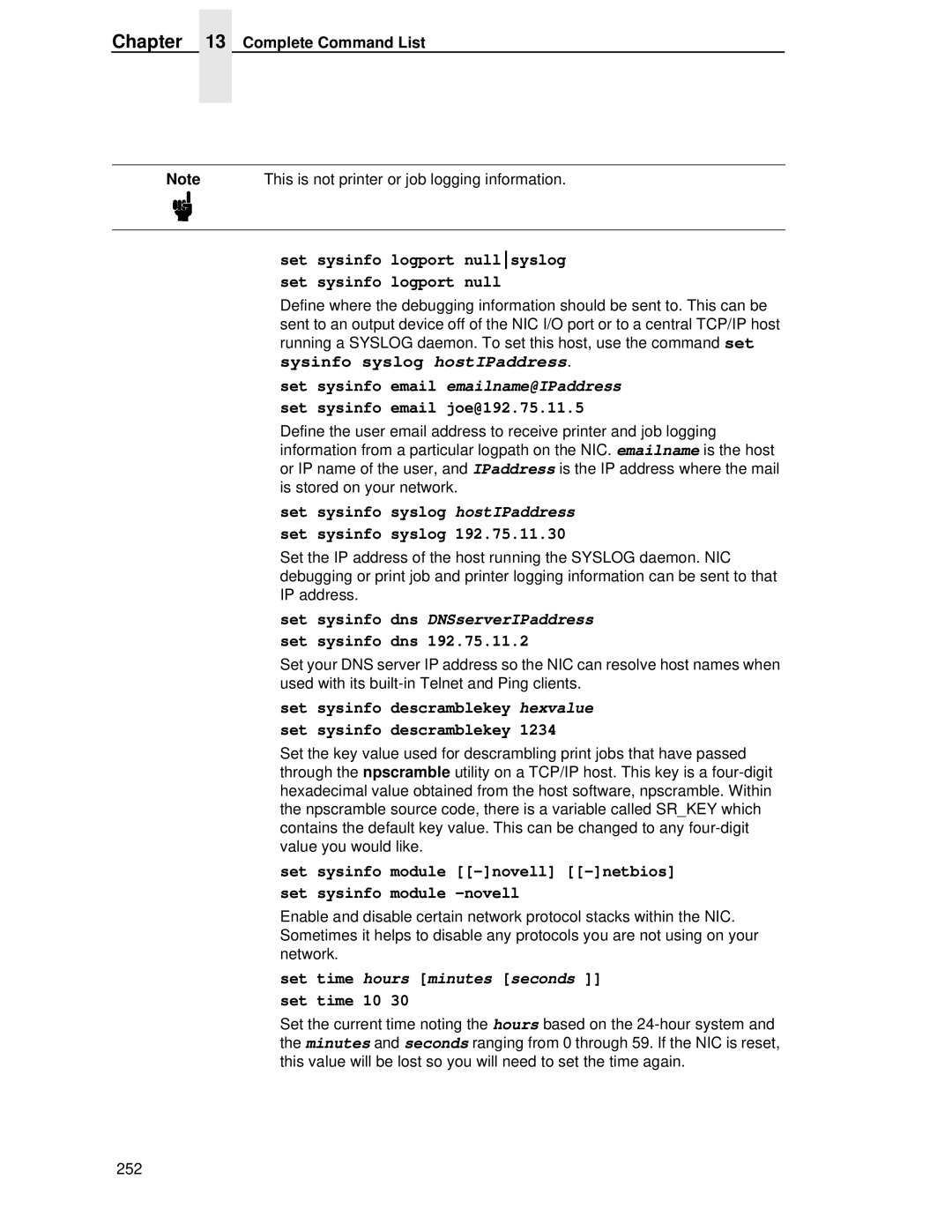 Printronix P5000LJ Set sysinfo logport nullsyslog, Set sysinfo email joe@192.75.11.5, Set sysinfo syslog hostIPaddress 