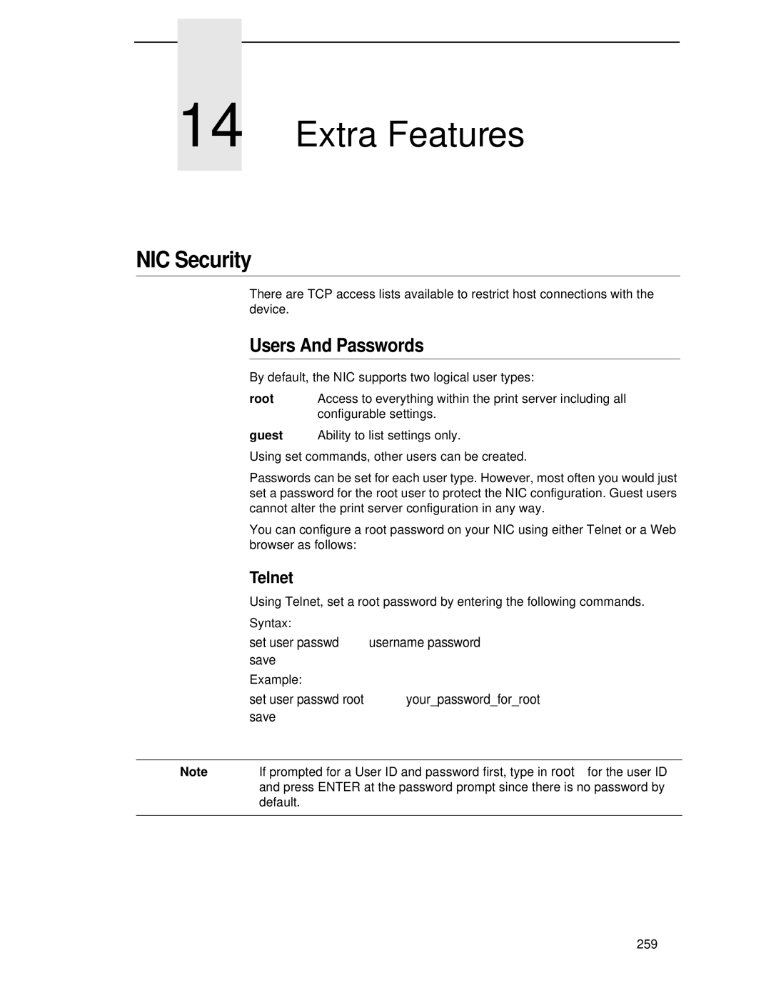 Printronix P5000LJ user manual Extra Features, NIC Security, Users And Passwords 