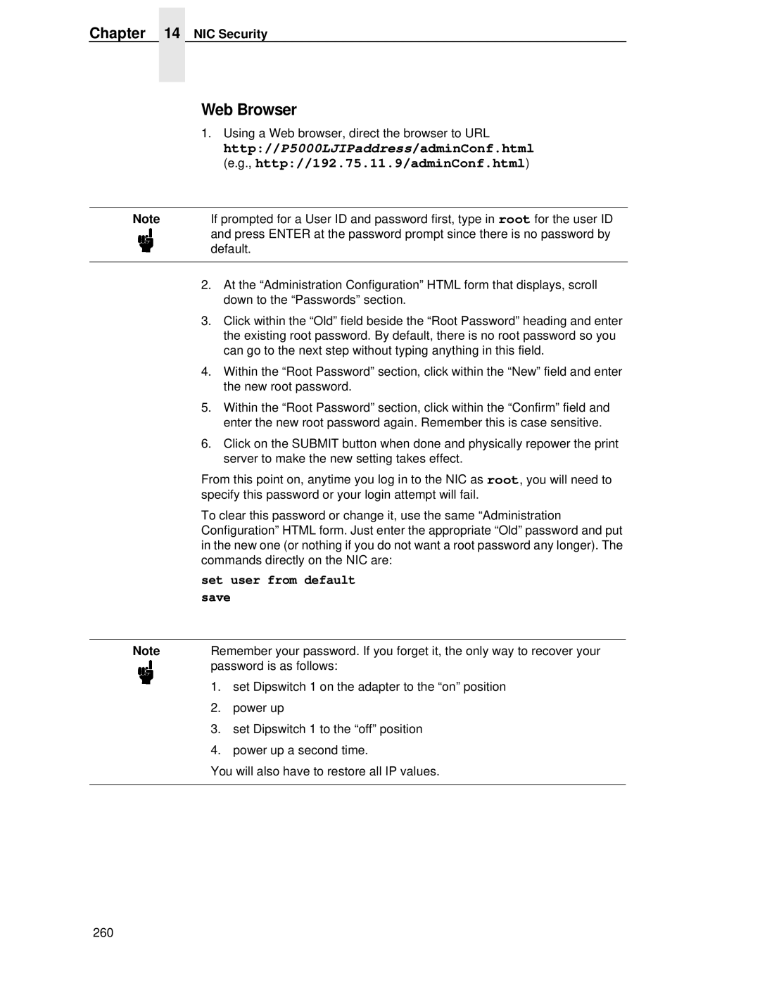 Printronix Web Browser, Http//P5000LJIPaddress/adminConf.html, Http//192.75.11.9/adminConf.html, NIC Security 