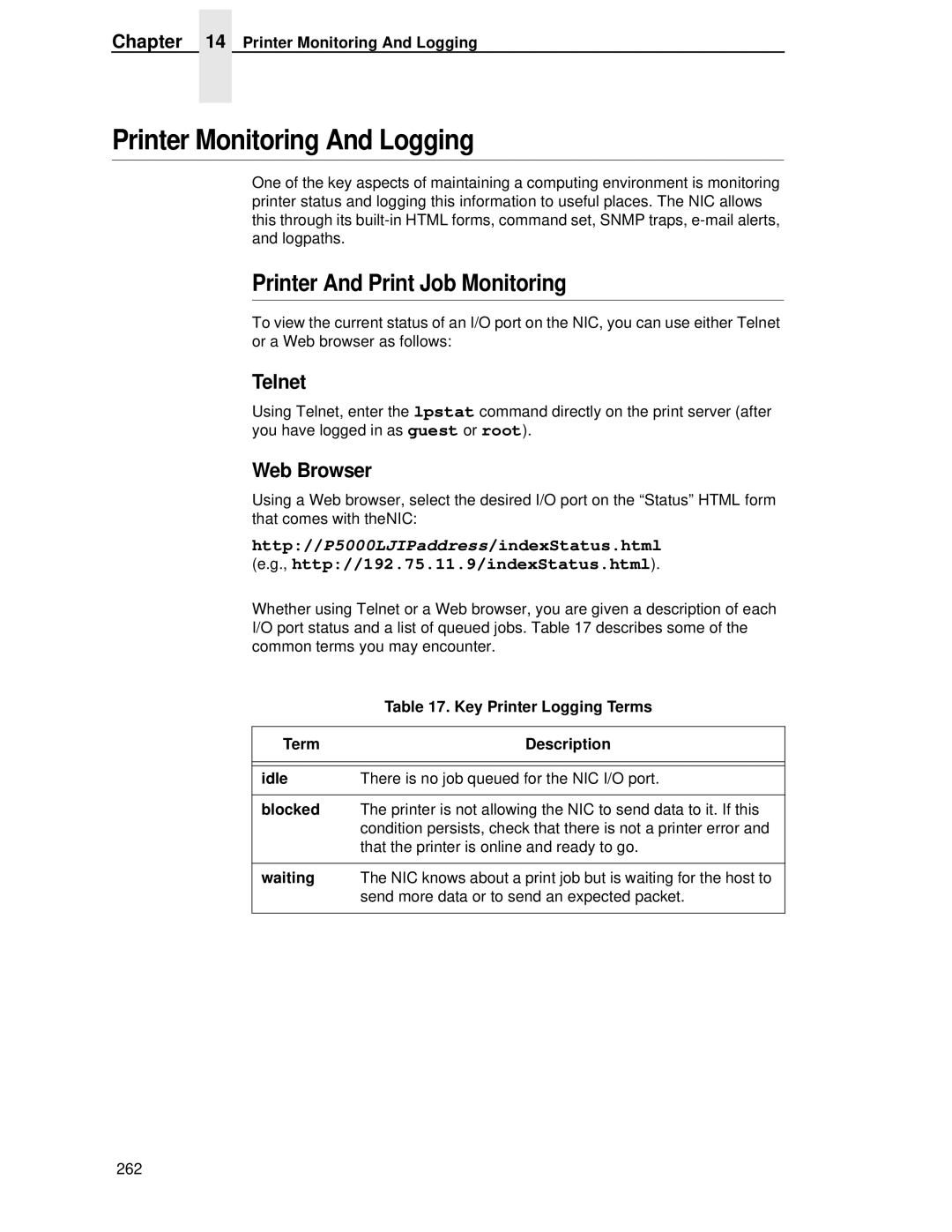 Printronix P5000LJ user manual Printer Monitoring And Logging, Printer And Print Job Monitoring, Key Printer Logging Terms 