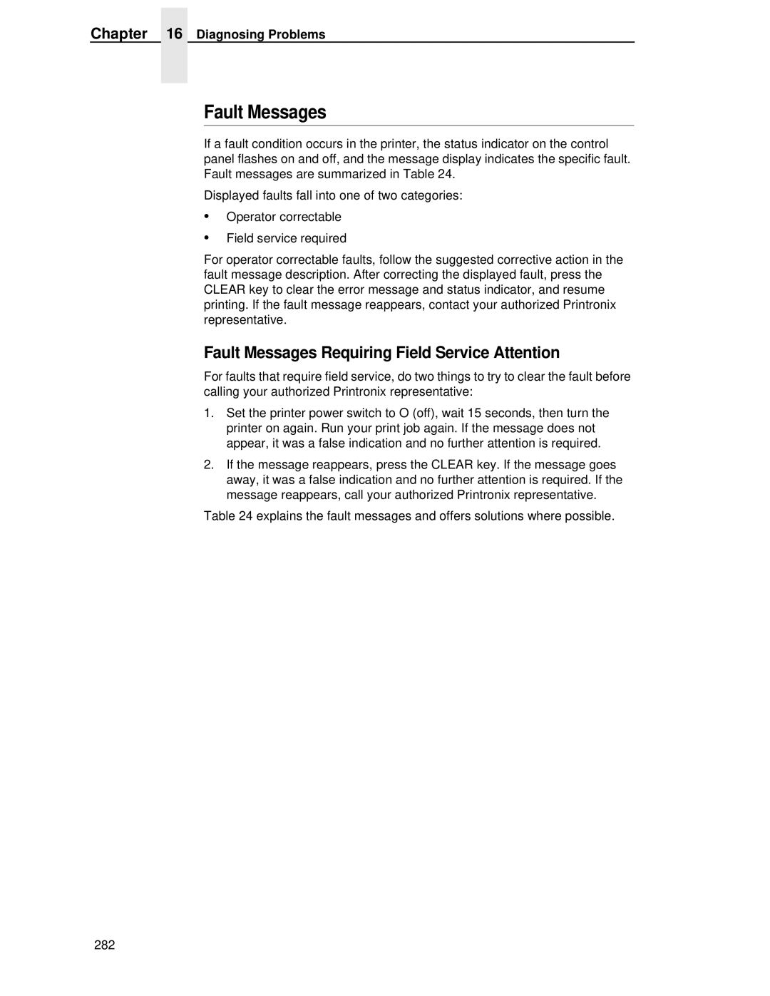 Printronix P5000LJ user manual Fault Messages Requiring Field Service Attention 