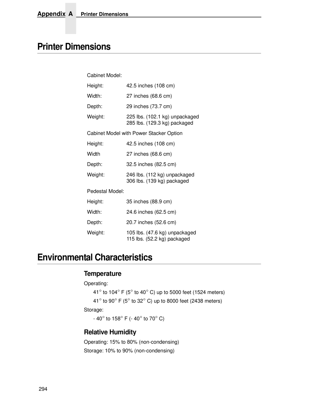 Printronix P5000LJ user manual Printer Dimensions, Environmental Characteristics, Temperature, Relative Humidity 