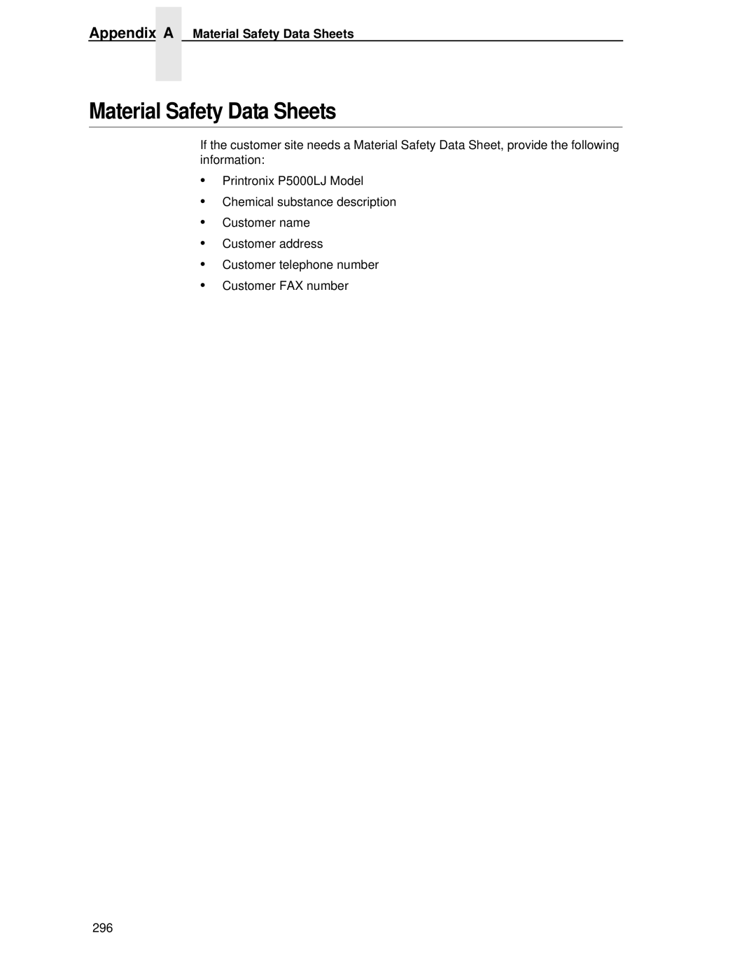 Printronix P5000LJ user manual Appendix a Material Safety Data Sheets 