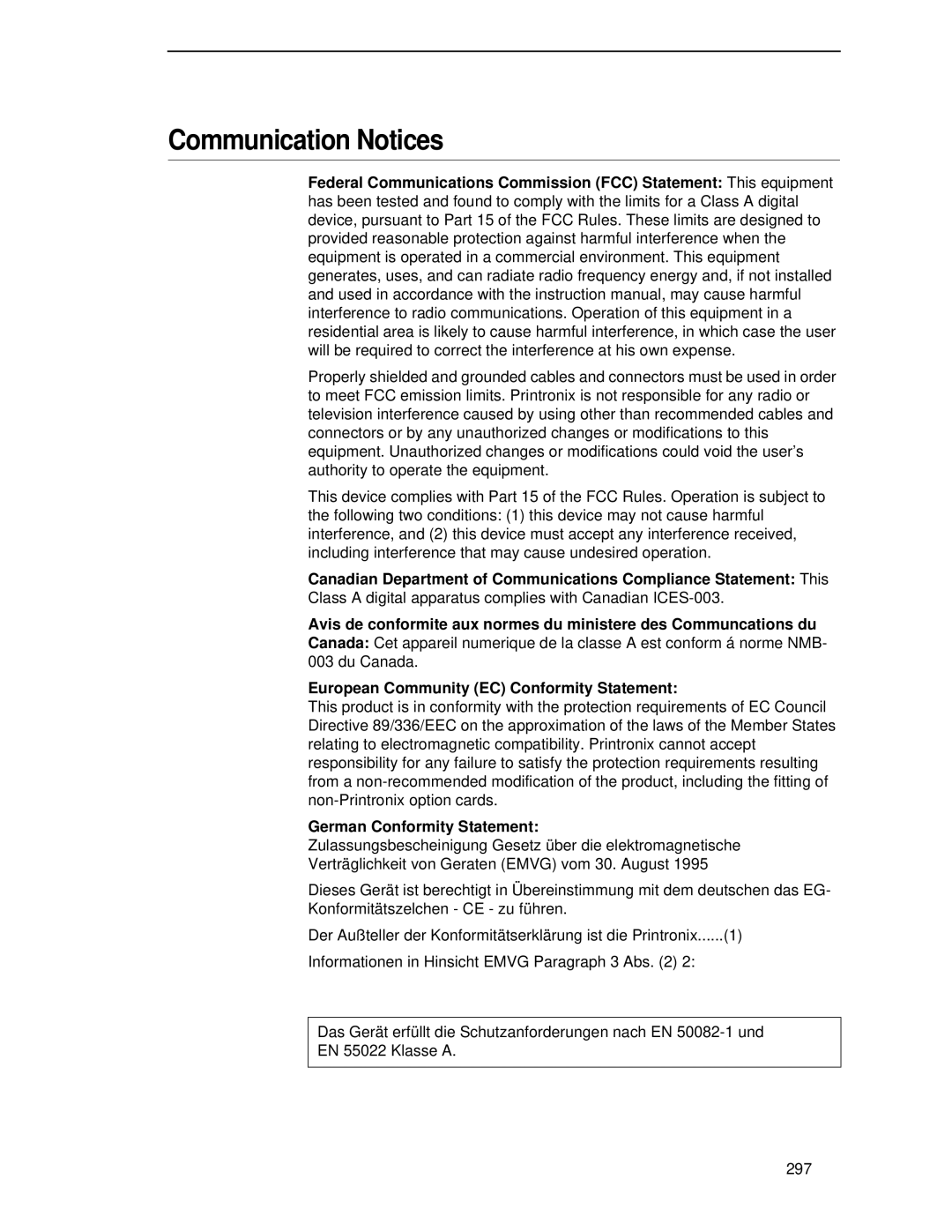 Printronix P5000LJ user manual Communication Notices, German Conformity Statement 