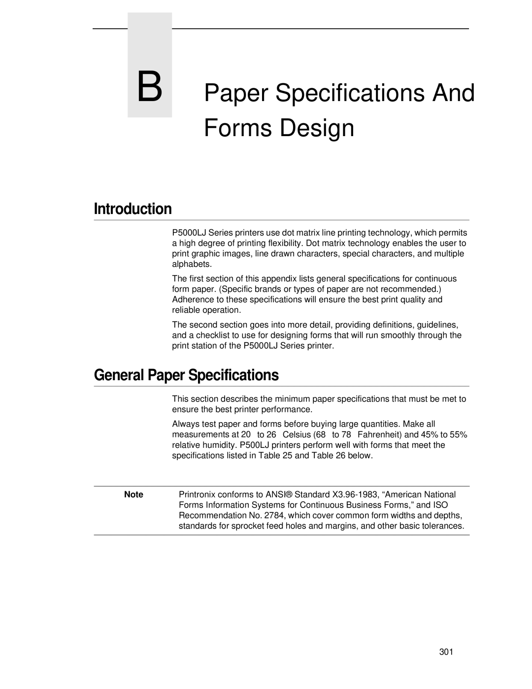 Printronix P5000LJ user manual Paper Specifications Forms Design, General Paper Specifications 