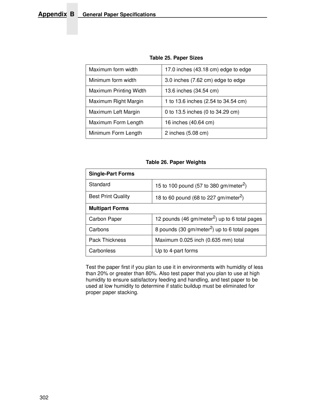 Printronix P5000LJ Appendix B General Paper Specifications Paper Sizes, Paper Weights, Single-Part Forms, Multipart Forms 