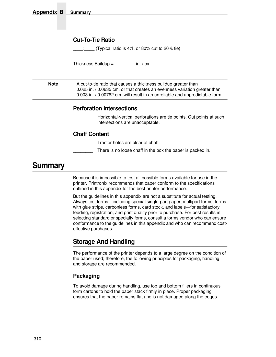 Printronix P5000LJ user manual Summary, Storage And Handling, Chaff Content 