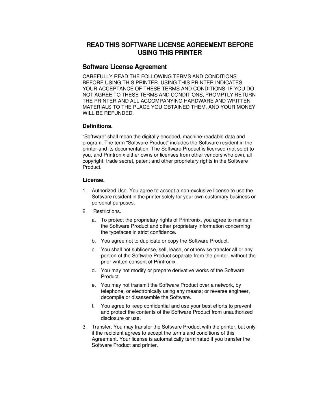 Printronix P5000LJ user manual Software License Agreement, Definitions 