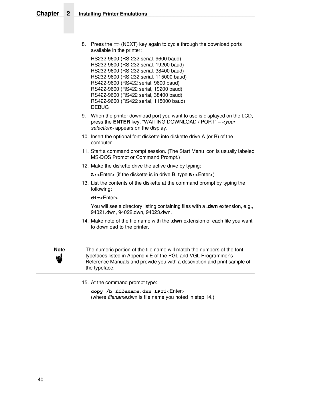 Printronix P5000LJ user manual Copy /b filename.dwn LPT1Enter 