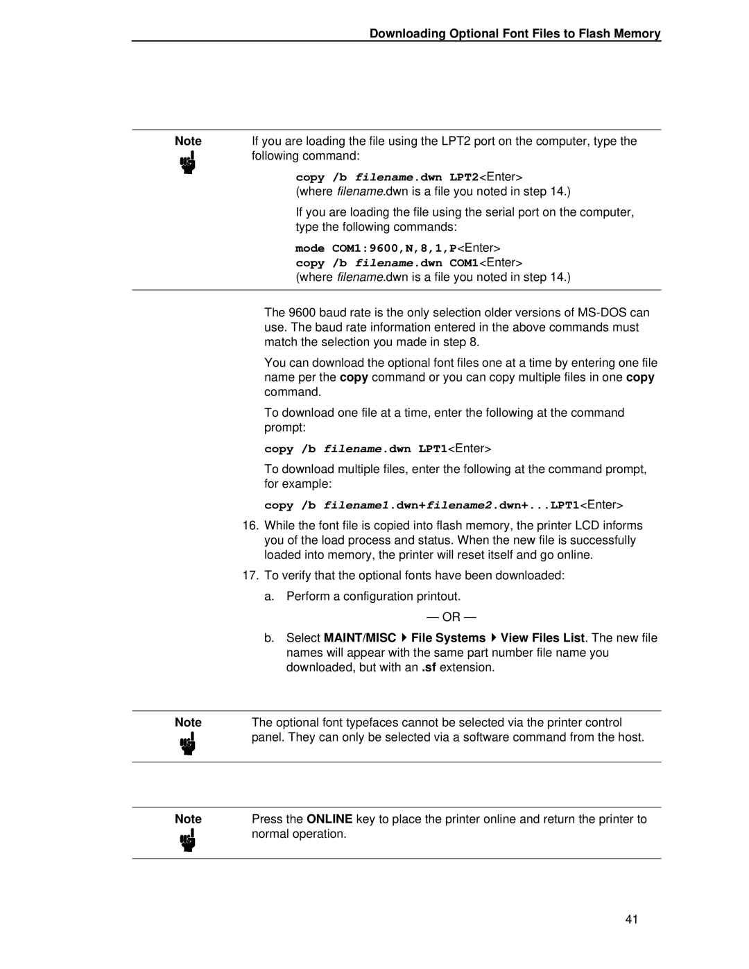 Printronix P5000LJ user manual Copy /b filename.dwn LPT2Enter 