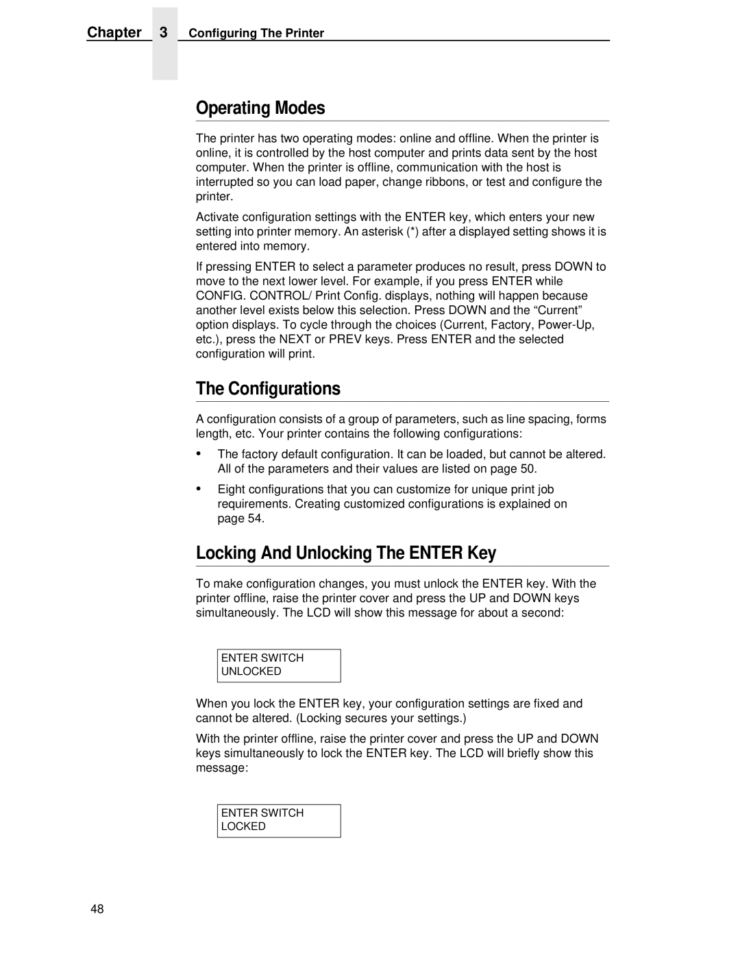 Printronix P5000LJ user manual Operating Modes, Configurations, Locking And Unlocking The Enter Key 