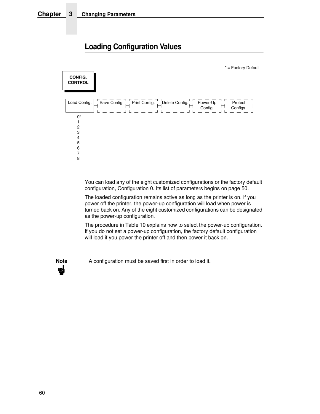 Printronix P5000LJ user manual Loading Configuration Values, Configuration must be saved first in order to load it 