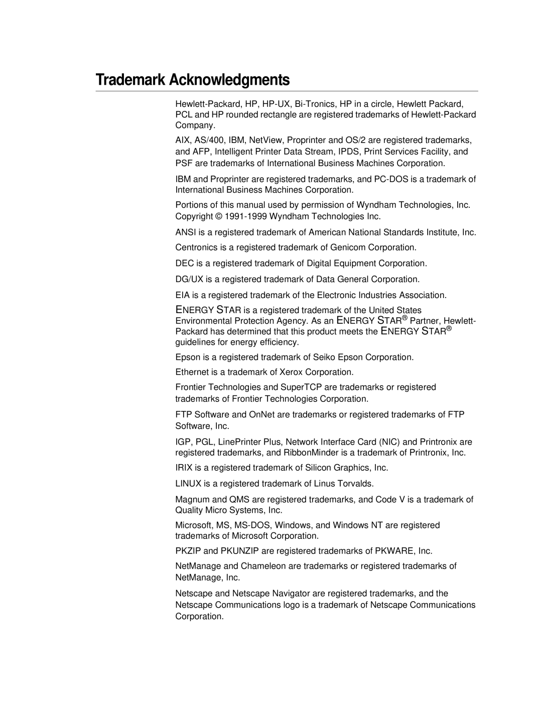 Printronix P5000LJ user manual Trademark Acknowledgments 