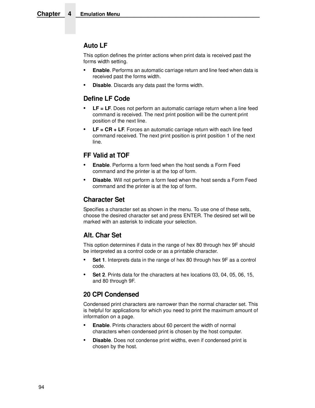 Printronix P5000LJ user manual FF Valid at TOF, Alt. Char Set, CPI Condensed 