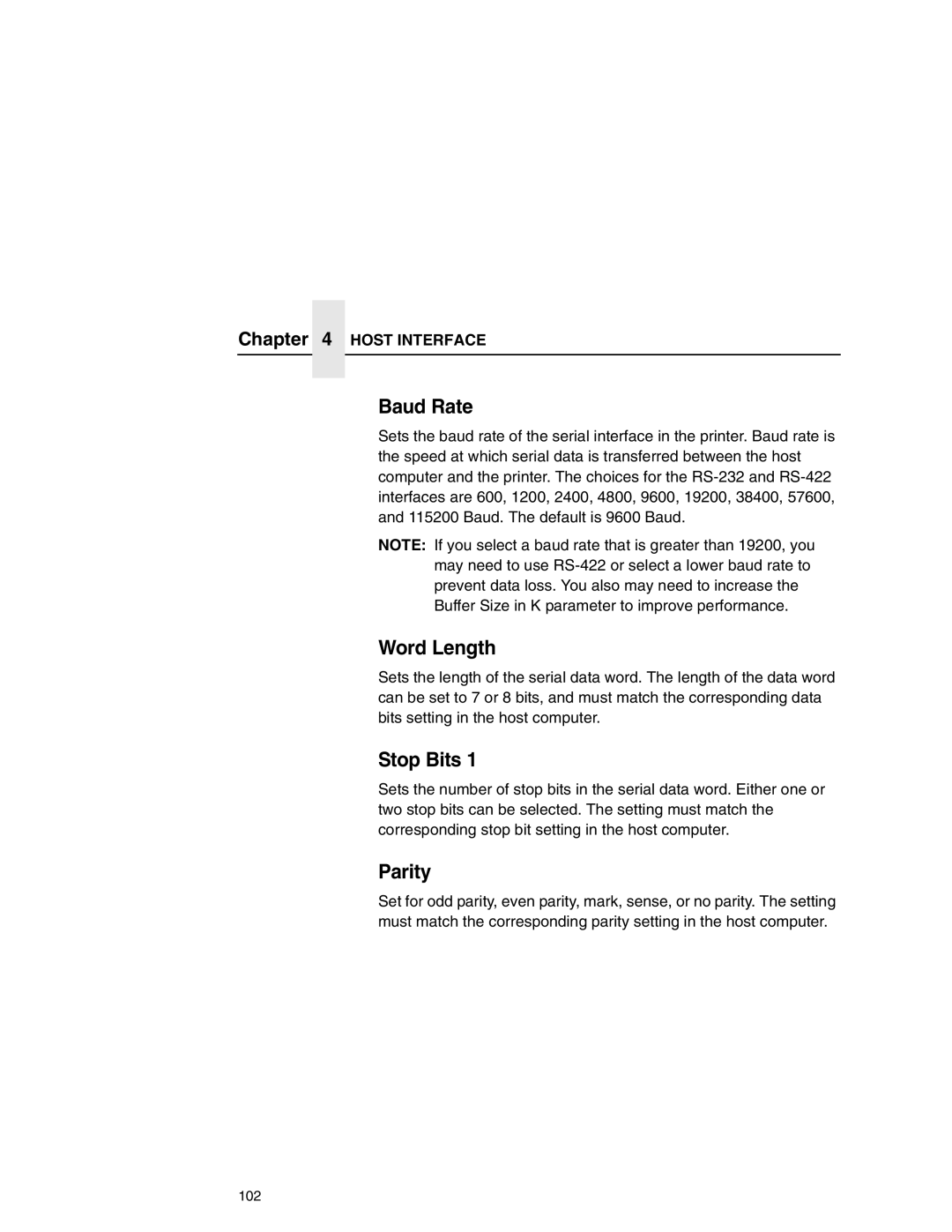 Printronix P7000 user manual Baud Rate, Word Length, Stop Bits, Parity 