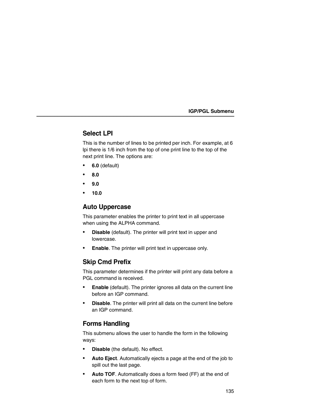 Printronix P7000 user manual Auto Uppercase, Skip Cmd Prefix, Forms Handling, 10.0 