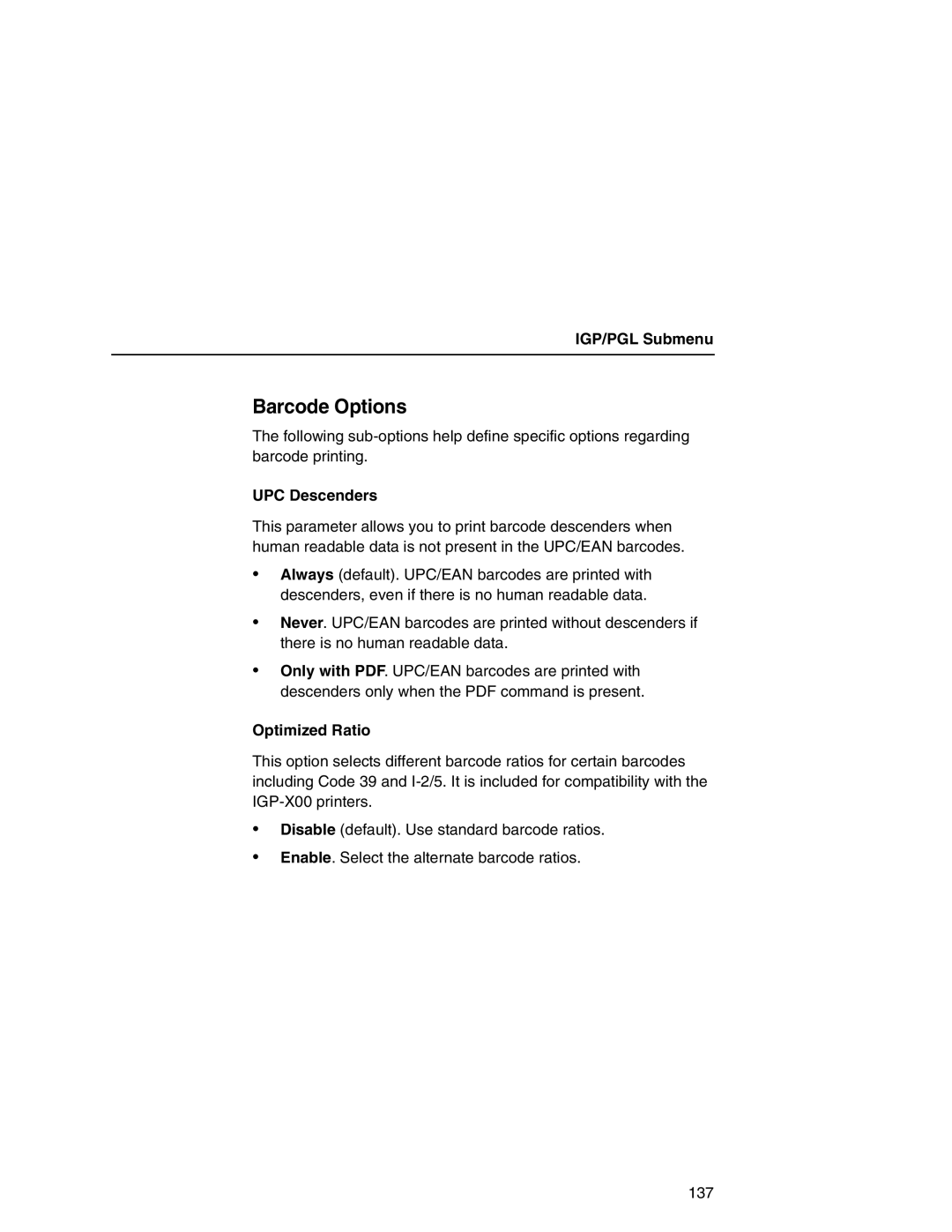 Printronix P7000 user manual Barcode Options, UPC Descenders, Optimized Ratio 