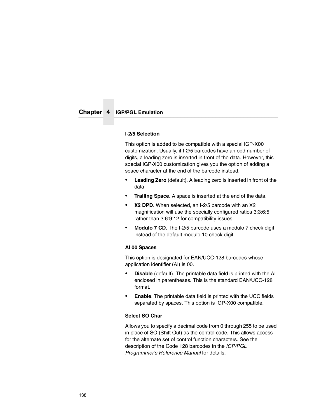 Printronix P7000 user manual IGP/PGL Emulation 5 Selection, AI 00 Spaces, Select SO Char 