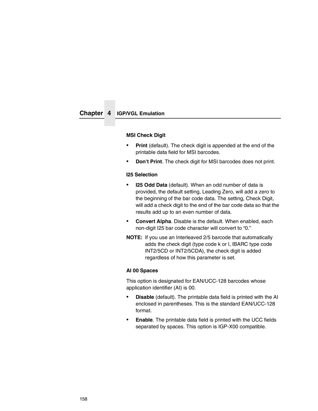 Printronix P7000 user manual IGP/VGL Emulation MSI Check Digit, I25 Selection 