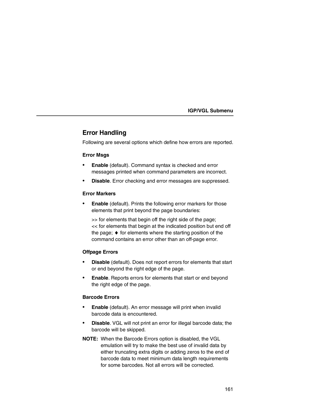 Printronix P7000 user manual Error Handling, Error Msgs, Error Markers, Offpage Errors, Barcode Errors 