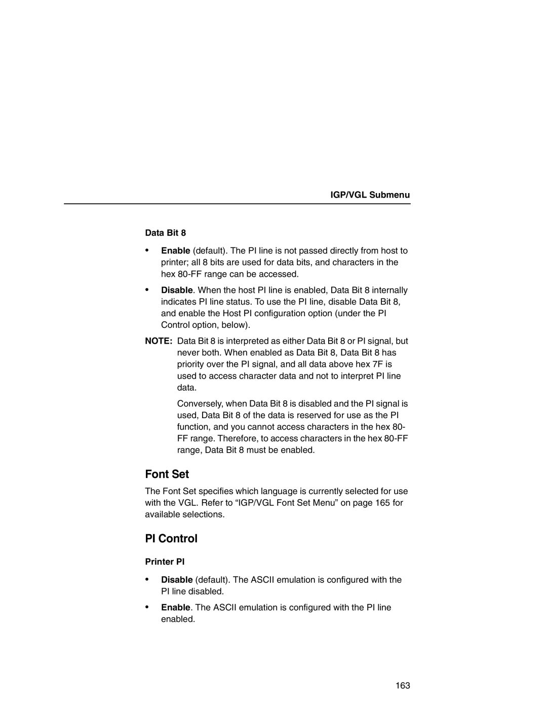 Printronix P7000 user manual Font Set, PI Control, IGP/VGL Submenu Data Bit, Printer PI 