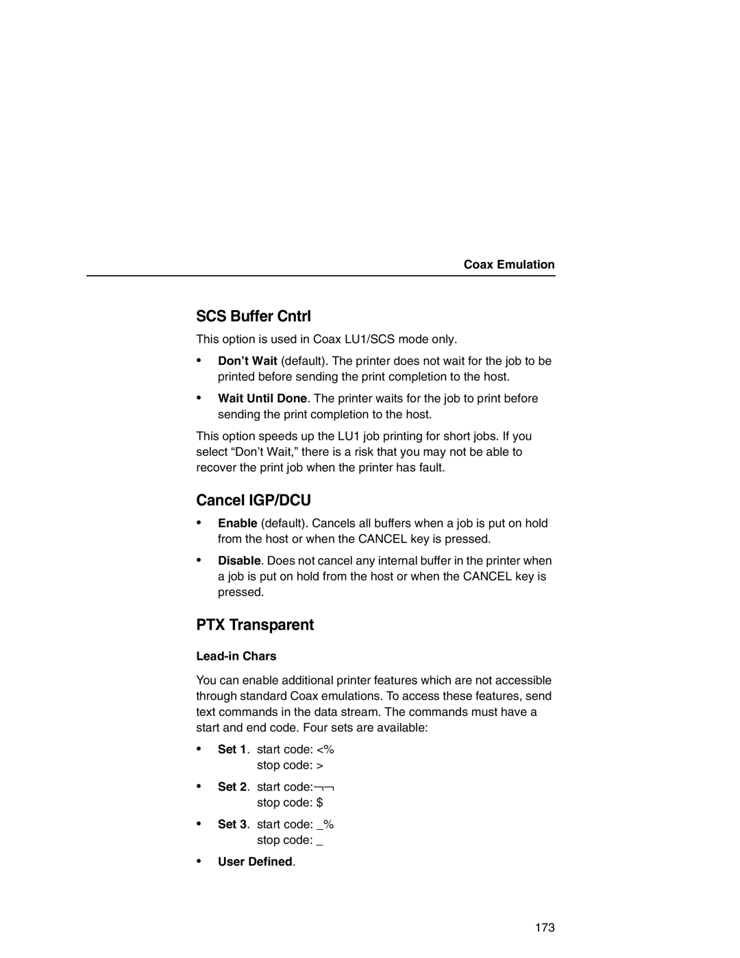 Printronix P7000 user manual SCS Buffer Cntrl, Cancel IGP/DCU, PTX Transparent, Lead-in Chars, User Defined 