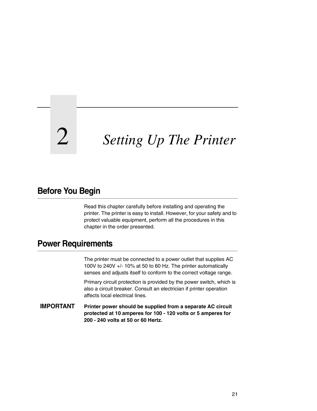 Printronix P7000 user manual Before You Begin, Power Requirements 