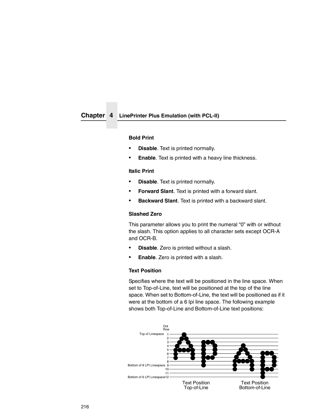 Printronix P7000 user manual LinePrinter Plus Emulation with PCL-II Bold Print, Italic Print, Slashed Zero, Text Position 