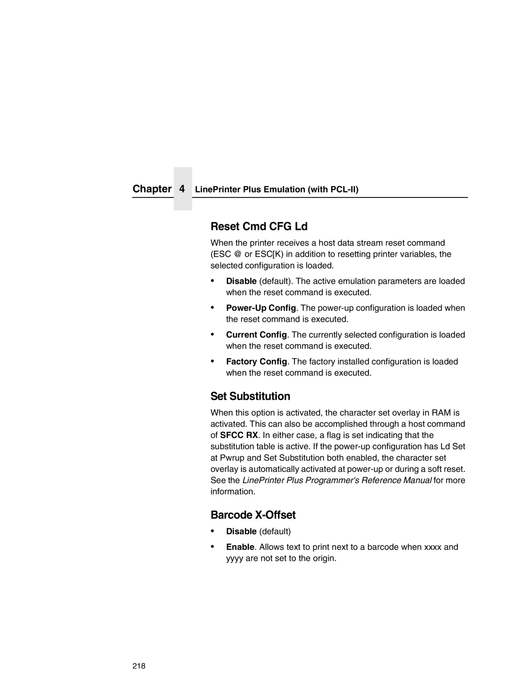 Printronix P7000 user manual Reset Cmd CFG Ld, Set Substitution, Barcode X-Offset 