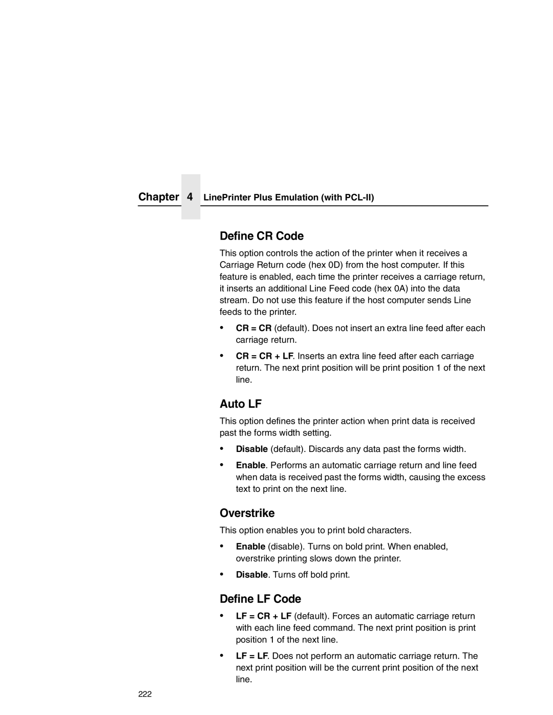 Printronix P7000 user manual Define CR Code, Auto LF, Overstrike, Define LF Code 