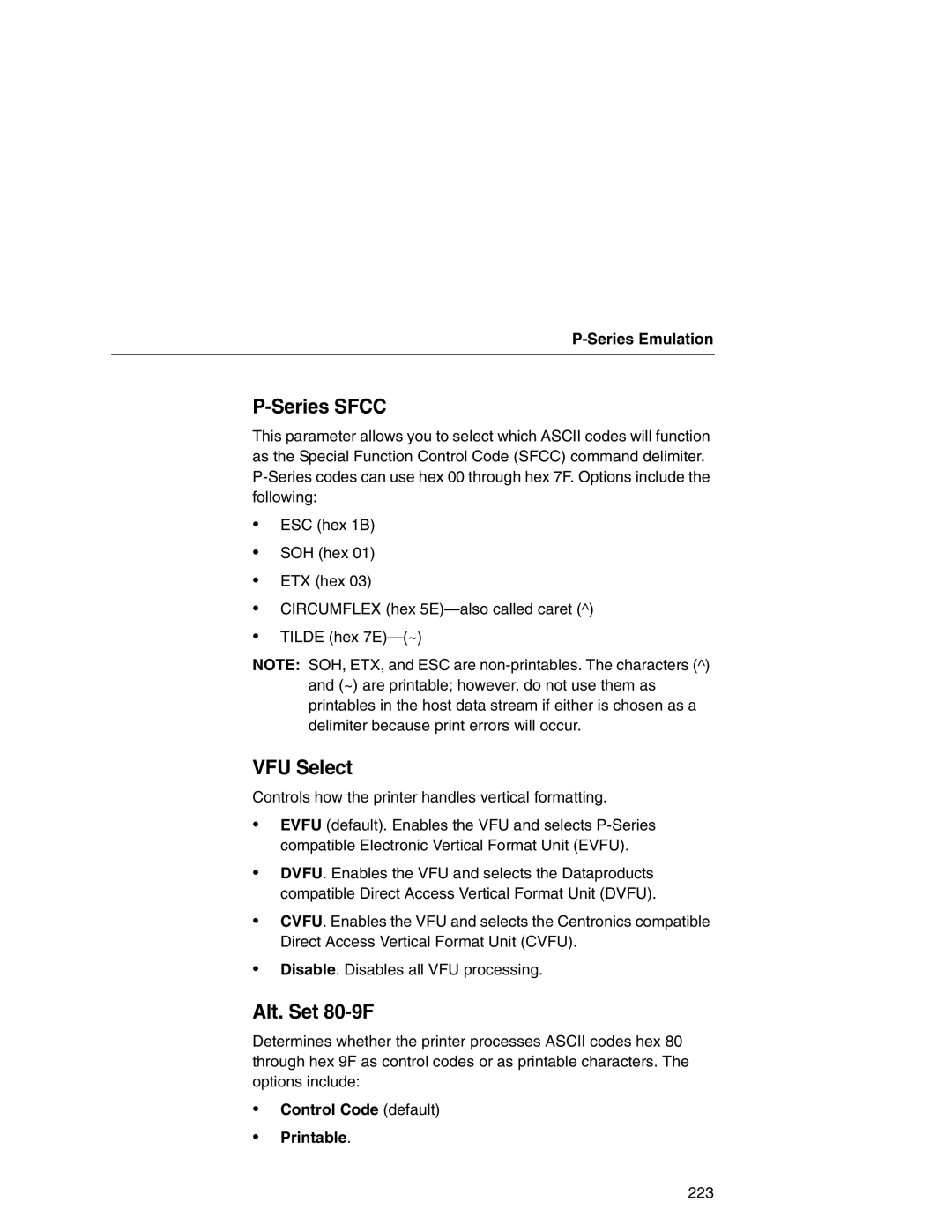 Printronix P7000 user manual VFU Select, Alt. Set 80-9F, Control Code default Printable 