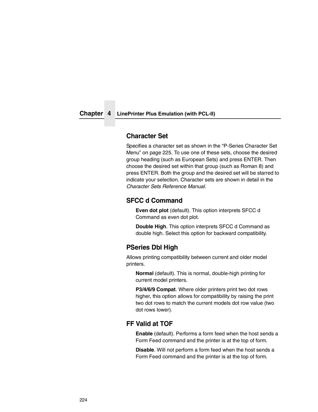 Printronix P7000 user manual Character Set, Sfcc d Command, PSeries Dbl High, FF Valid at TOF 