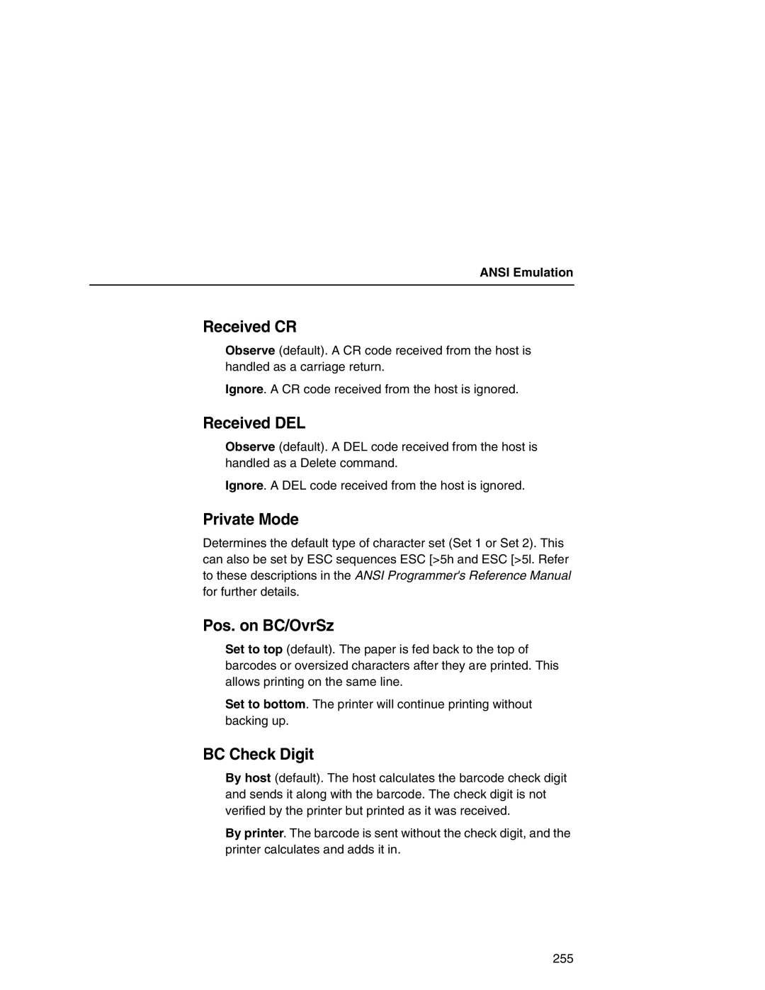 Printronix P7000 user manual Received CR, Received DEL, Private Mode, Pos. on BC/OvrSz, BC Check Digit 