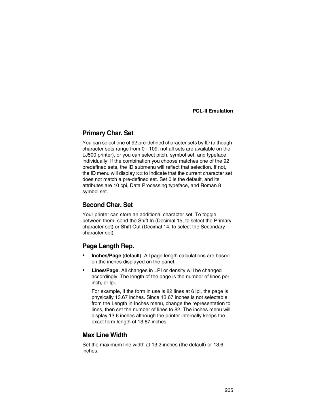 Printronix P7000 user manual Primary Char. Set, Second Char. Set 