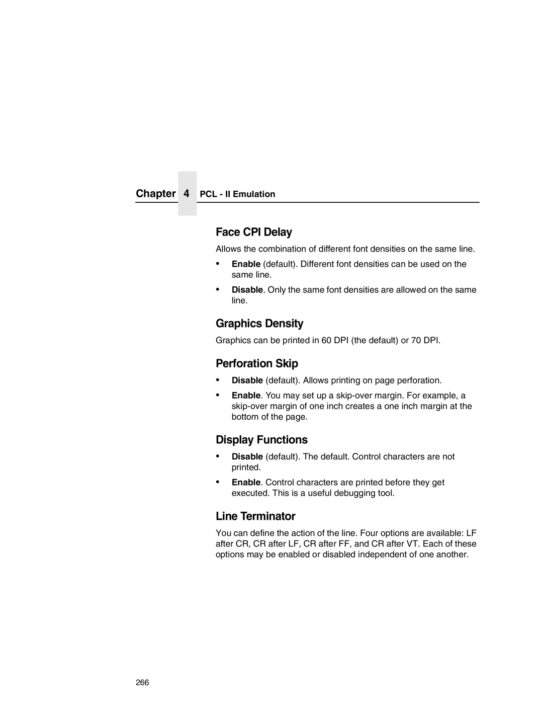 Printronix P7000 user manual Face CPI Delay, Graphics Density Perforation Skip, Display Functions, Line Terminator 