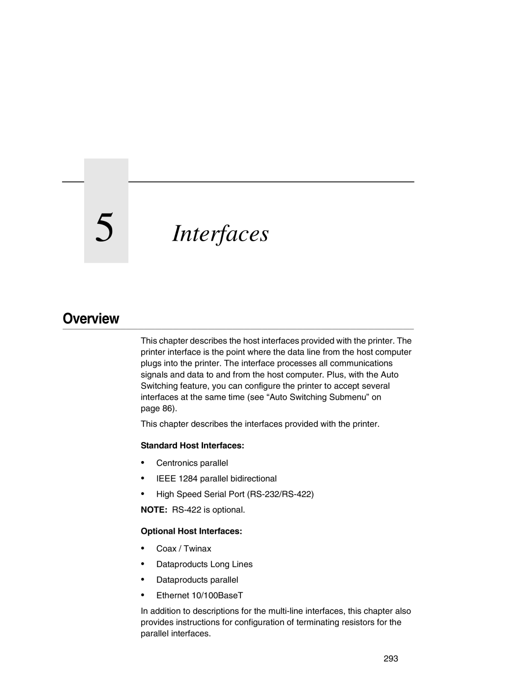 Printronix P7000 user manual Overview, Standard Host Interfaces, Optional Host Interfaces 