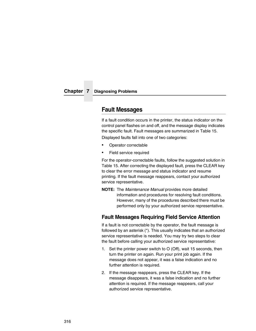 Printronix P7000 user manual Fault Messages Requiring Field Service Attention 