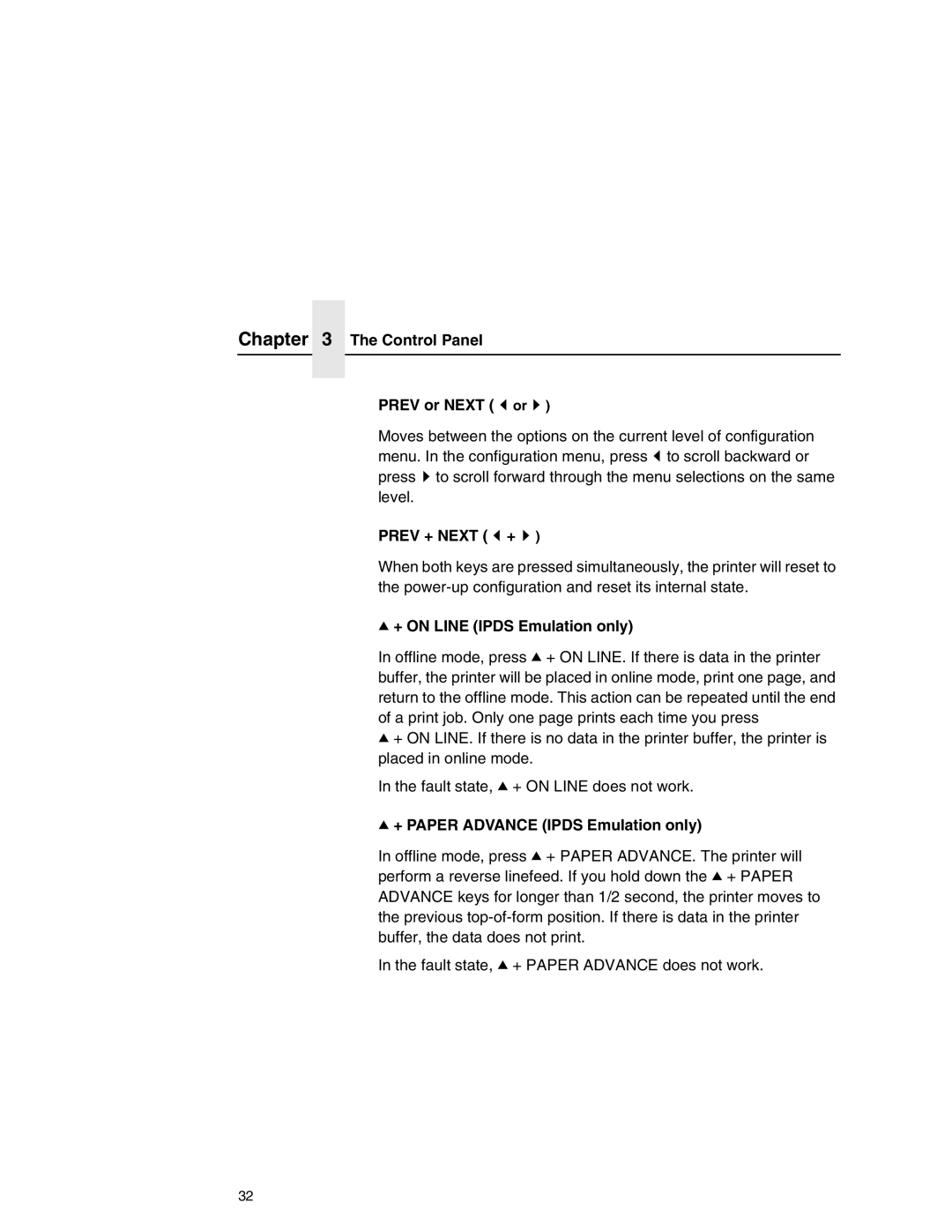 Printronix P7000 user manual Control Panel Prev or Next or, Prev + Next +, = + on Line Ipds Emulation only 